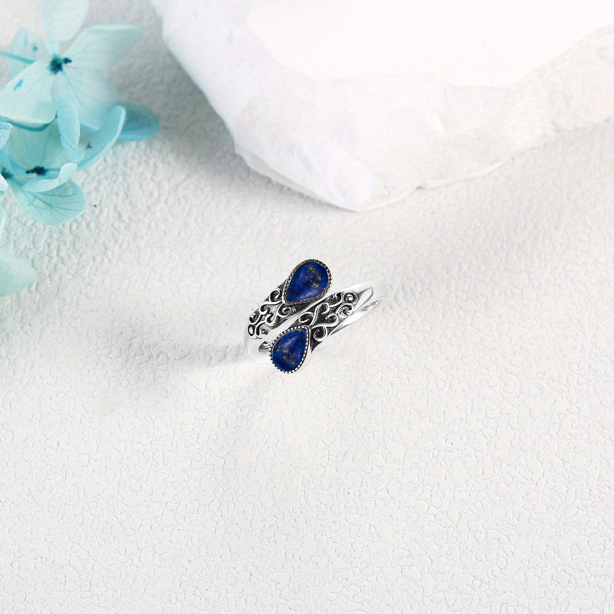 Adjustable Lapis Lazuli Ring Sterling Silver Open Band Jewelry